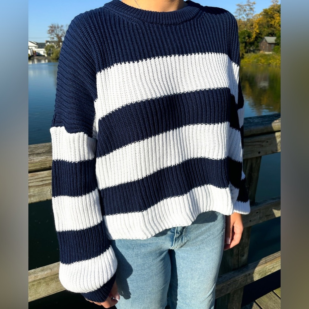 Hausen Lilah Chunky Knit Navy White Striped Nautical Sweater S Small